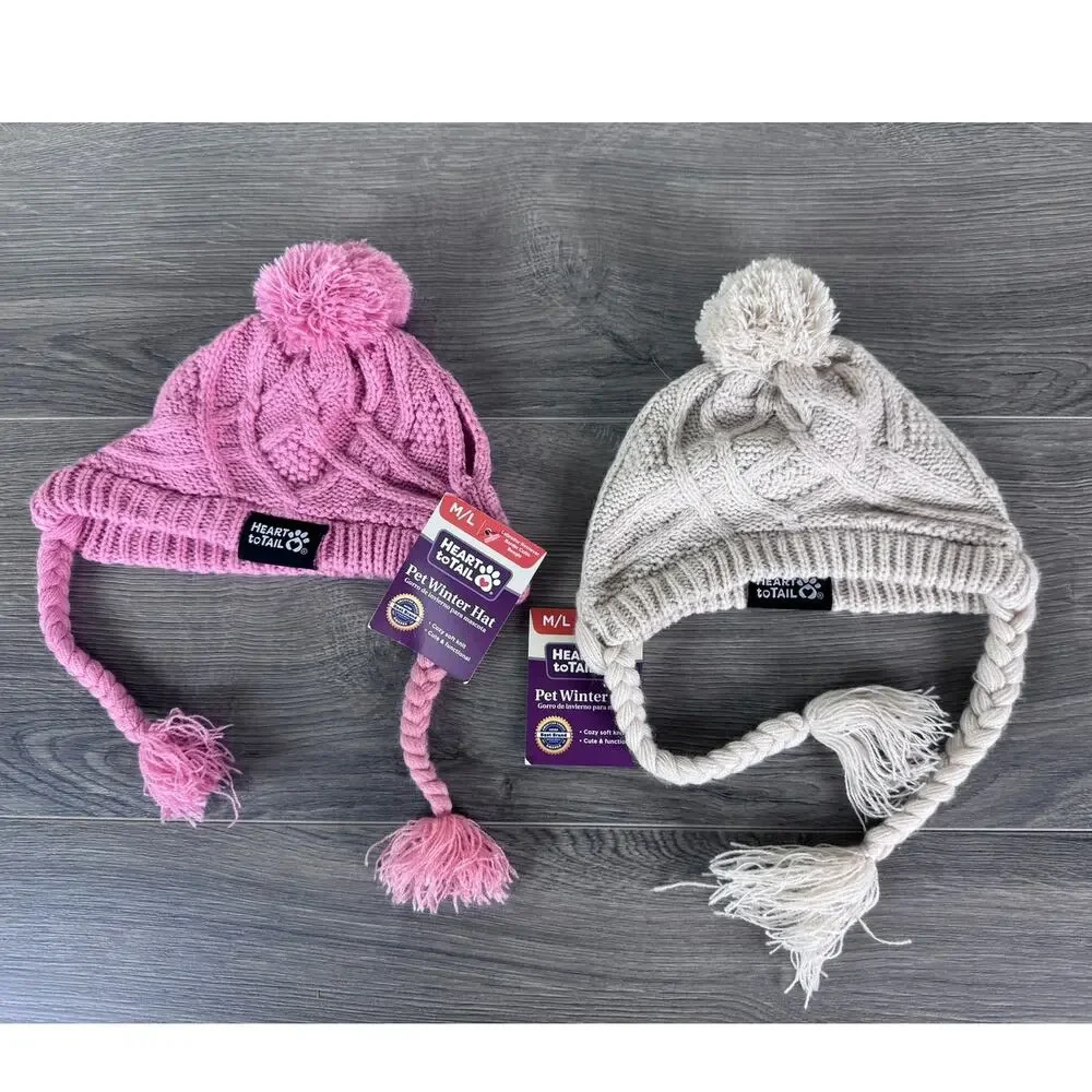 Heart to Tail Pet Winter Hats M/L Pink Cream Lot of 2 NEW NWT
